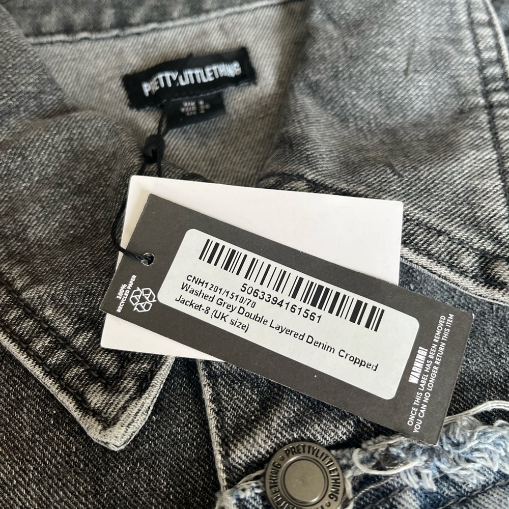 PrettyLittleThing Gray and Blue Denim Cropped Frayed Jacket Size 4 - Picture 7 of 11